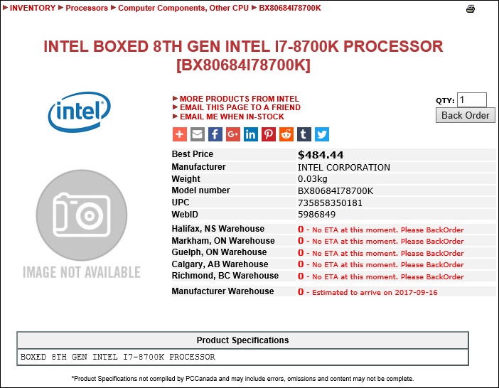 加拿大電商 PC Canada 曝光 Intel Coffee Lake Core i7-8700K 預售價，顯示新處理器加料不加價 - 電腦王阿達