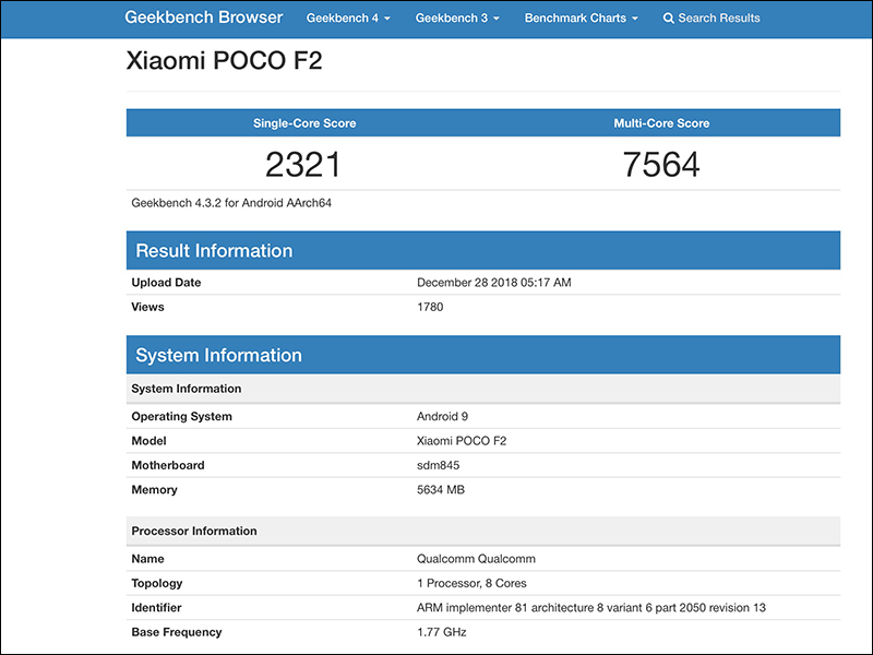 小米 Pocophone F2 現身 Geekbench 資料庫，仍將搭載 S845 處理器？ - 電腦王阿達