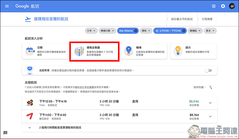 Google航班 正式在台上線：查詢機票更方便、還能追蹤機票價格走勢！（使用教學） - 電腦王阿達