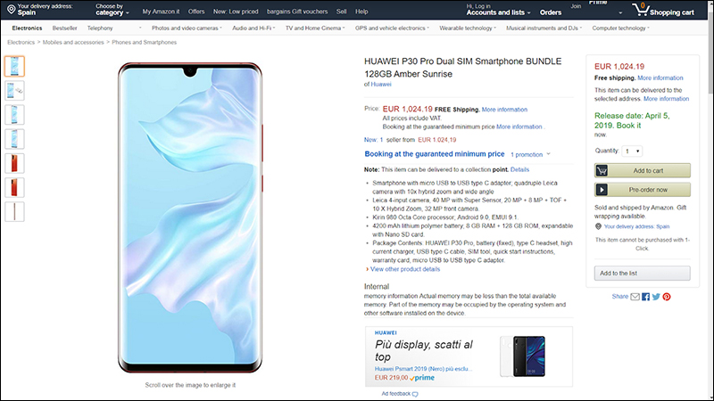 Huawei P30 Pro 售價、發售日期提前在 Amazon 曝光， 8G/128G 歐洲售價約 35,600 元 - 電腦王阿達