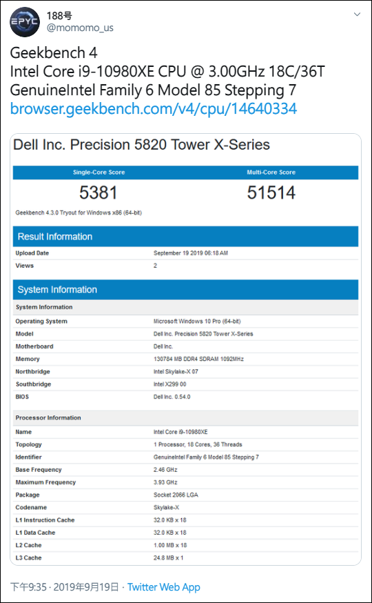 2019-09-20 19_03_05-Twitter 上的 188号：_Geekbench 4 Intel Core i9-10980XE CPU @ 3.00GHz 18C_36T Genuine