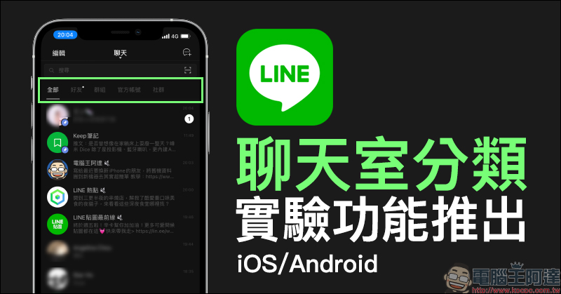 LINE iOS 版也推出「聊天室分類」實驗功能：好友、群組、官方帳號和社群聊天自動分類！ - 電腦王阿達