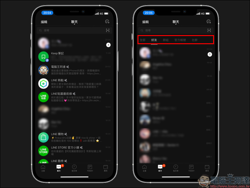 LINE iOS 版也推出「聊天室分類」實驗功能：好友、群組、官方帳號和社群聊天自動分類！ - 電腦王阿達