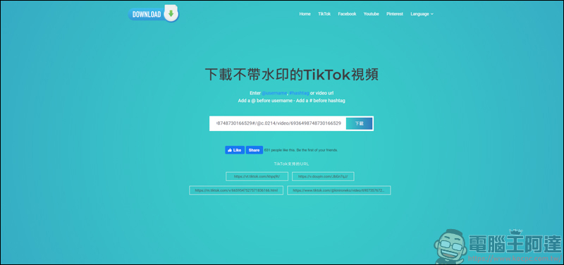 TikTokFull 一個可下載無浮水印的 TikTok 影片，還能下載 Facebook、Youtube 等平台影片 - 電腦王阿達