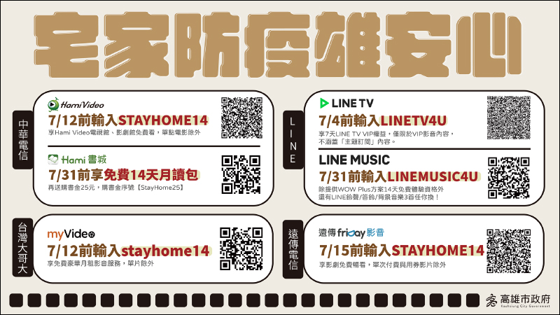 高雄市政府推出居家娛樂大禮包！ LINE TV、LINE MUSIC、friDay影音、myvideo、Hami Video 等影音平台免費試用 - 電腦王阿達