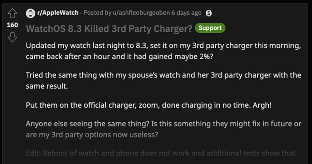 Apple Watch 使用者回報更新 watchOS 8.3 後，遭遇三方充電器不給充的問題 - 電腦王阿達