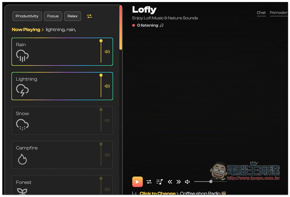 Lofly 提供 Loft 與大自然音樂的免費線上播放器，讓你工作、讀書更專注 - 電腦王阿達