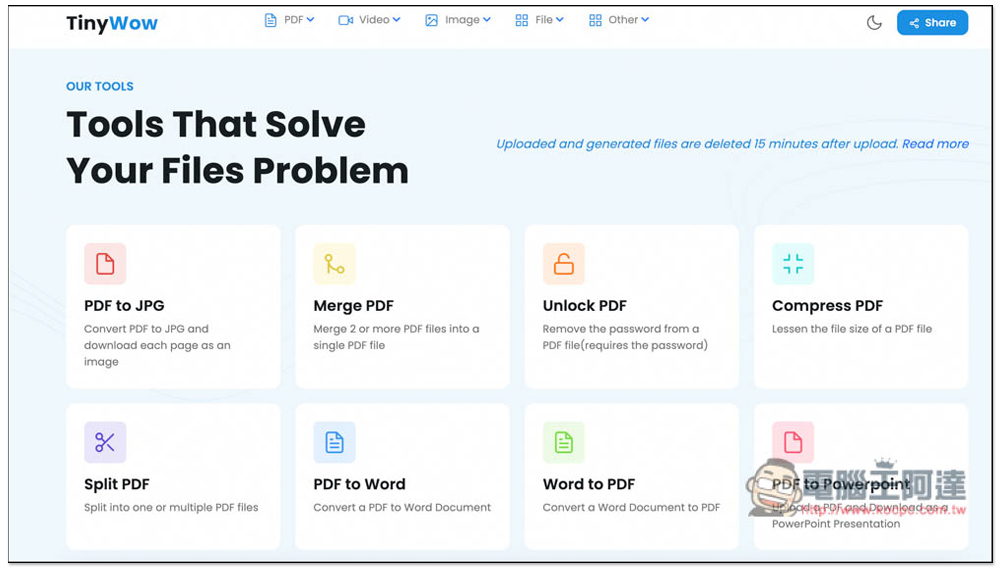 TinyWow 標榜解決你所有文件問題的免費線上工具，PDF 功能、影片與圖片轉檔、Facebook 下載等都有 - 電腦王阿達