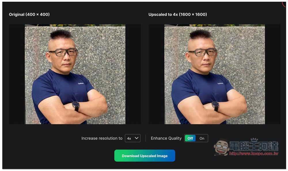 Upscale.media 利用 AI 將圖片、照片放大 4 倍的免費線上工具，無失真，內建提升品質功能 - 電腦王阿達