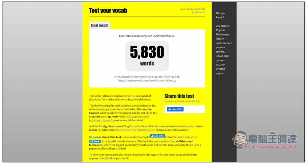 Test Your Vocab 測試你大概知道多少英文單字的免費工具，只需花費幾分鐘 - 電腦王阿達