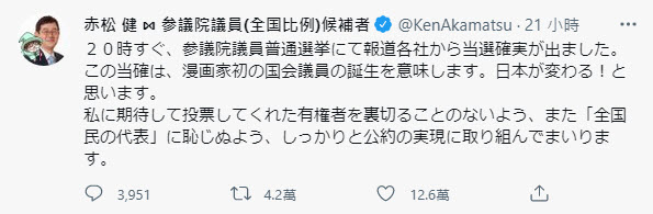 赤松健確定當選參議院議員 成為日本首位漫畫家國會議員 - 電腦王阿達