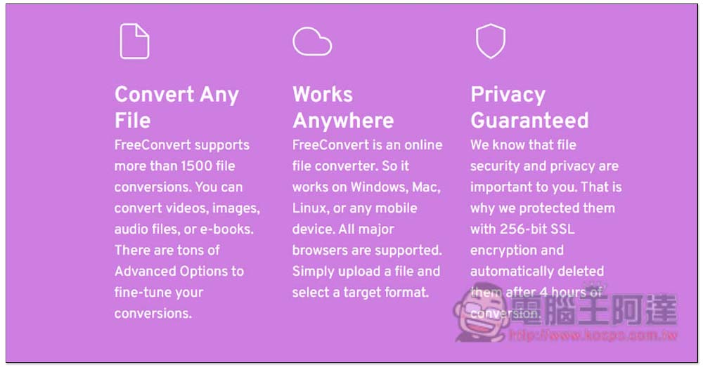 FreeConvert 支援超過 1,500 種檔案格式轉檔的免費工具，具備 256 位元 SSL 加密 - 電腦王阿達