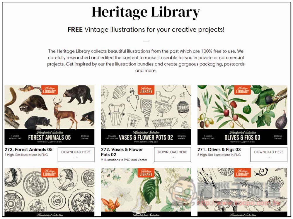 Heritage Library 提供超過 270 組復古插圖素材組合，100% 免費使用，商用個人皆可 - 電腦王阿達