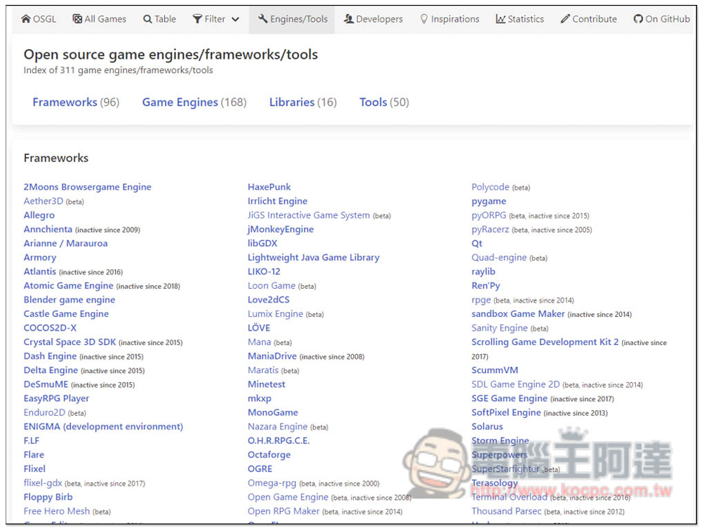 OSGL 收集超過 1,300 款免費開源遊戲、300+ 個遊戲引擎和工具 - 電腦王阿達
