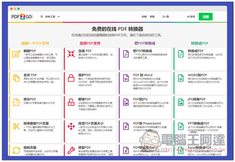 PDF2Go 線上 PDF 全能免費工具，編輯、轉檔、解鎖、優化等功能都有 - 電腦王阿達