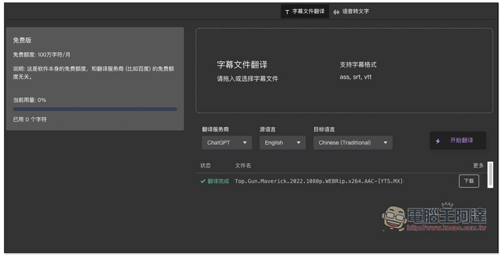 字幕組機翻小助手！一鍵翻譯國外字幕檔成繁體中文，支援 ChatGPT、DeepL、亞馬遜等服務 - 電腦王阿達
