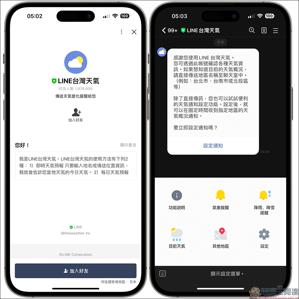 LINE台灣天氣 官方帳號，可提供即時天氣預報與每日天氣預報 - 電腦王阿達