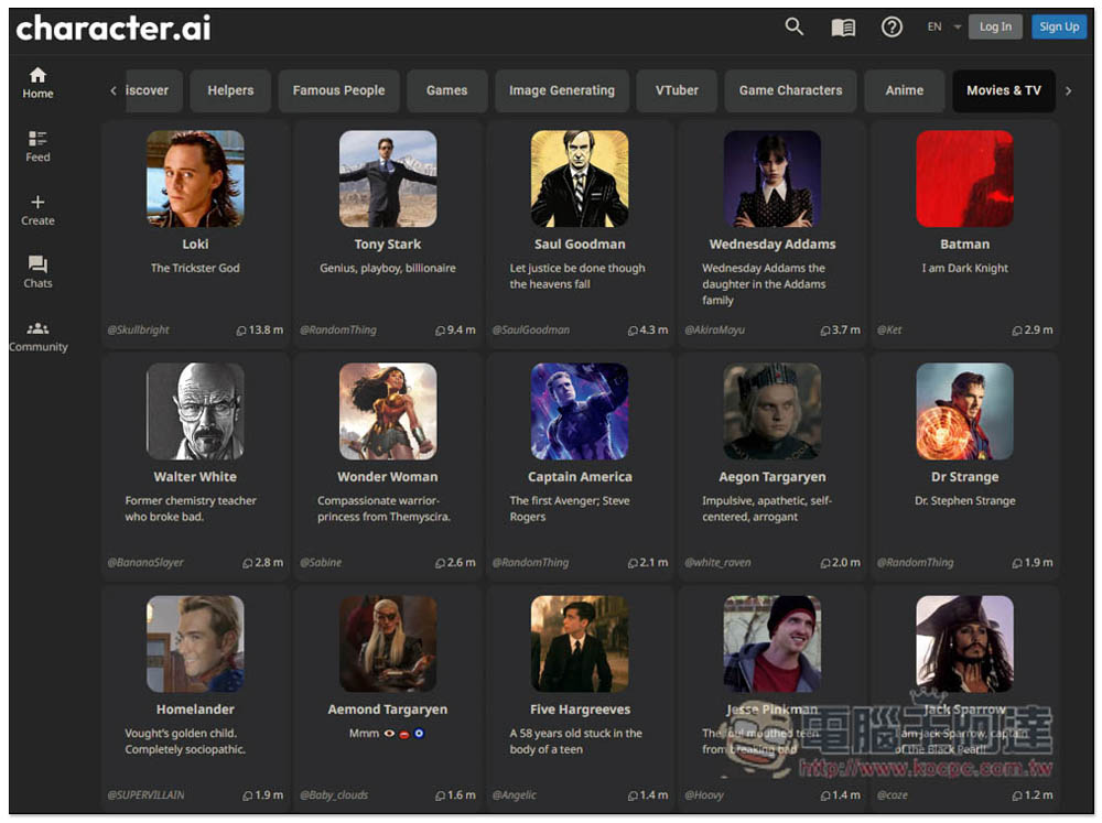 Character.AI 提供數百位擁有角色設定的 AI 聊天機器人，從各大名人、VTuber、遊戲、到助手等都有 - 電腦王阿達