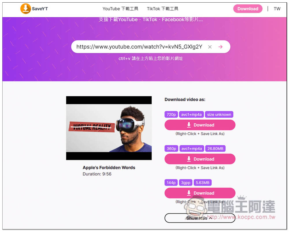 SaveYT 全能線上影片免費下載工具，無廣告、支援超過 100 個網站，YT、TikTok、IG 等都行 - 電腦王阿達