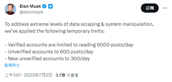 馬斯克表示Twitter將限制用戶每日瀏覽數 - 電腦王阿達