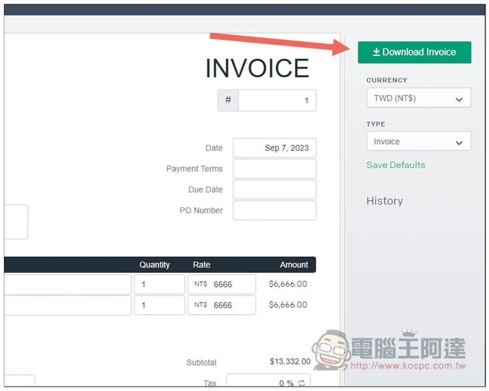 Invoice Generator 免費發票產生器，輸入資訊就能快速製作好國外通用發票，提供 PDF 檔 - 電腦王阿達