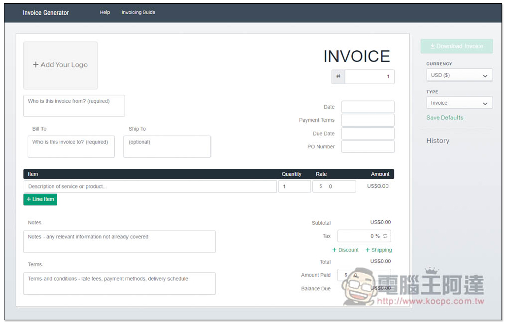 Invoice Generator 免費發票產生器，輸入資訊就能快速製作好國外通用發票，提供 PDF 檔 - 電腦王阿達