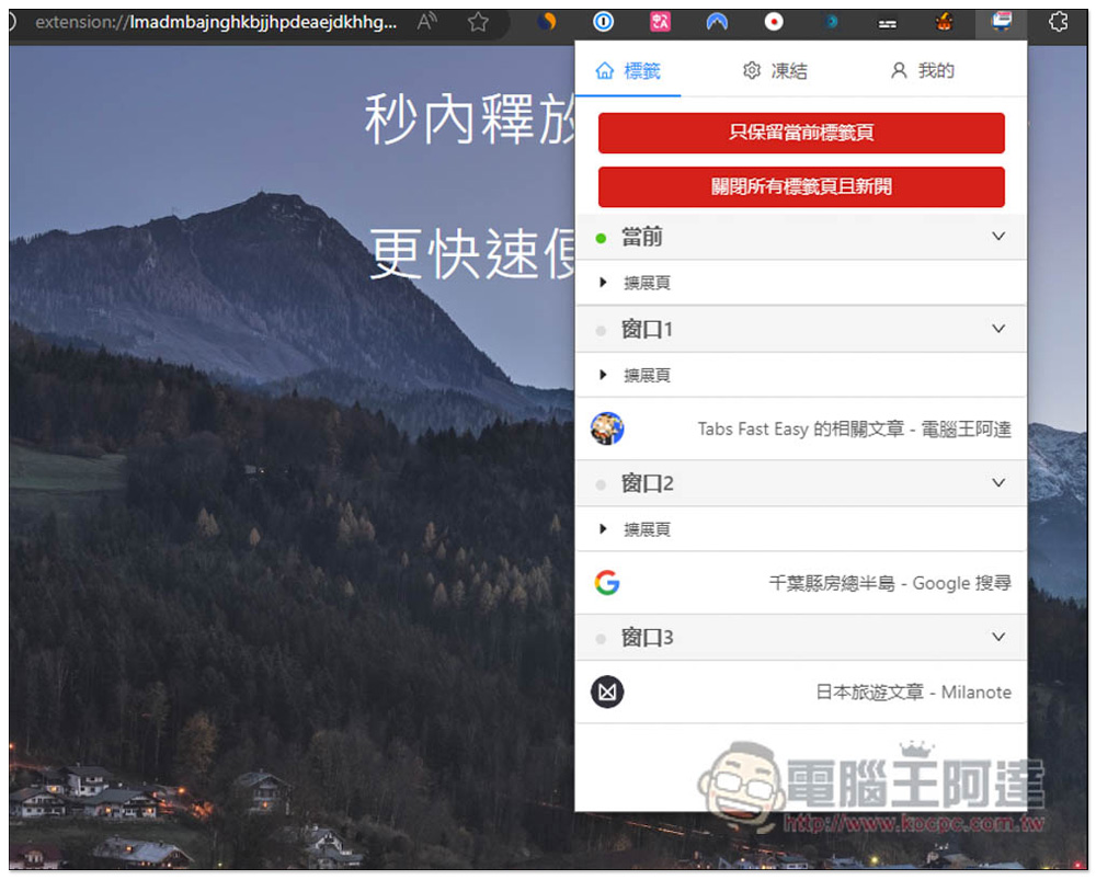 Tabs Fast Easy 一鍵凍結瀏覽器標籤分頁，釋放更多記憶體用量，還提供管理分頁功能 - 電腦王阿達