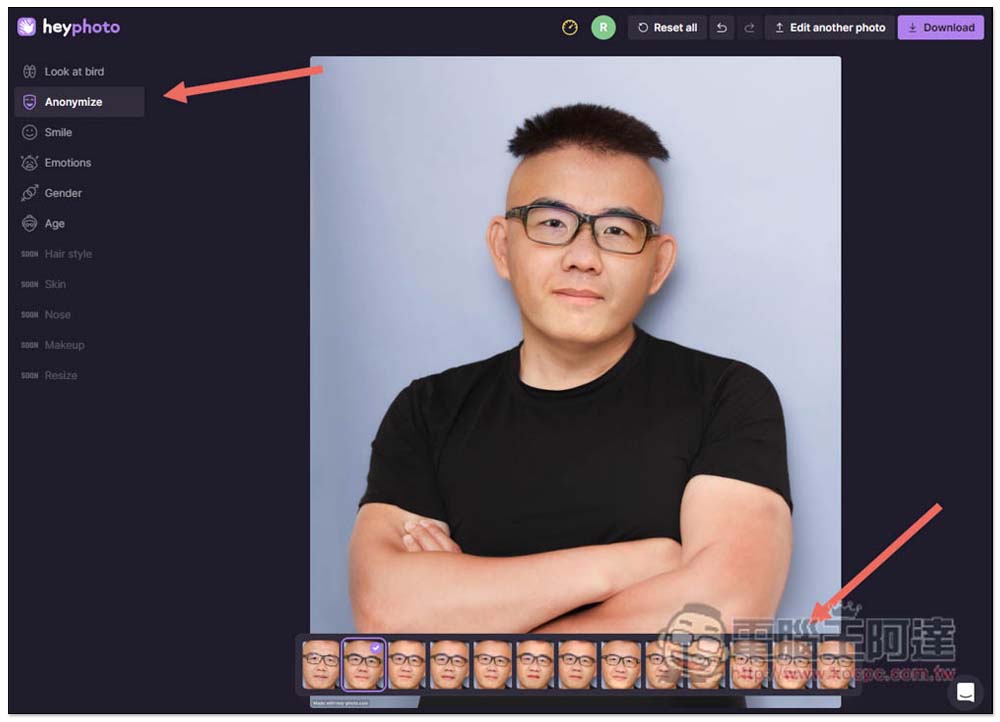 HeyPhoto 透過 AI 來惡搞人像照片的免費工具，眼神方向、年齡、性別等都能調整 - 電腦王阿達