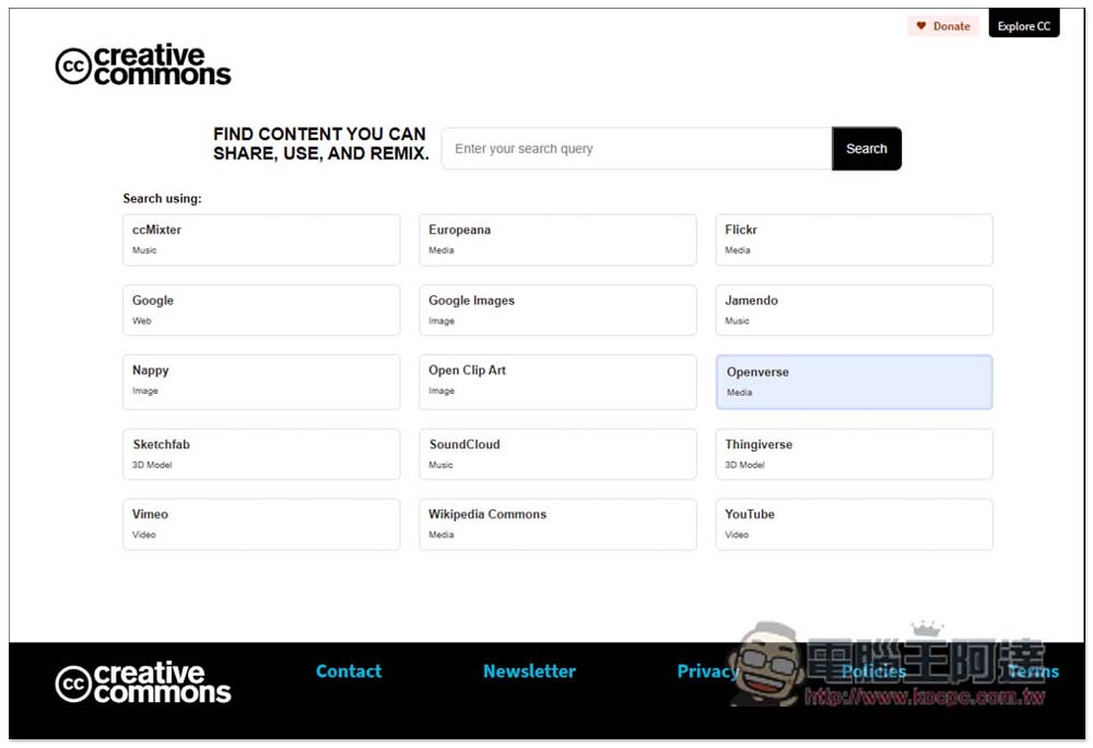 CC Search Portal 快速搜尋 15 個提供 CC 授權平台網站，快速找出你需要的免費素材 - 電腦王阿達