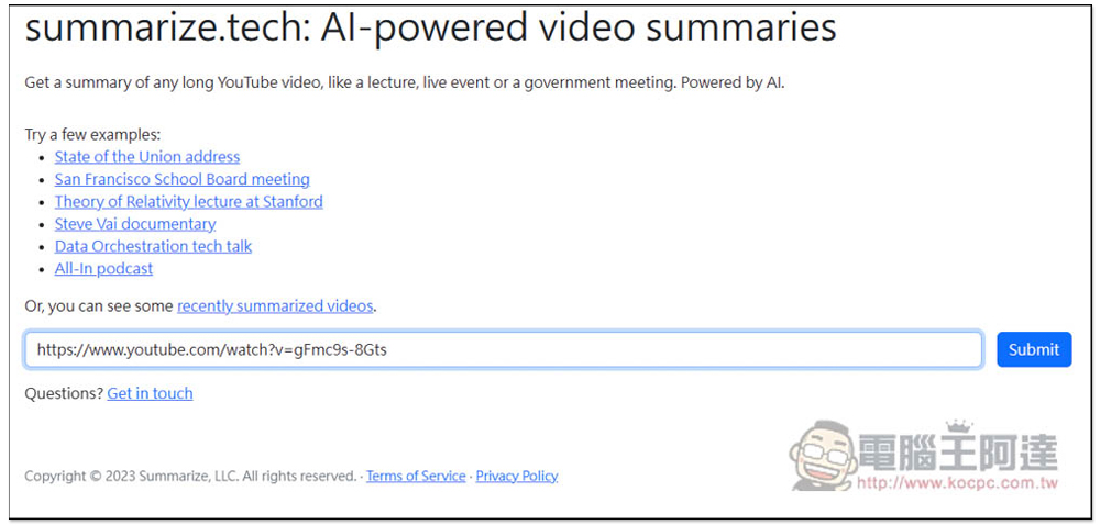 Summarize.tech 透過 AI 來獲得影片中每 5 分鐘的重點摘要，讓你快速了解整部的影片內容 - 電腦王阿達