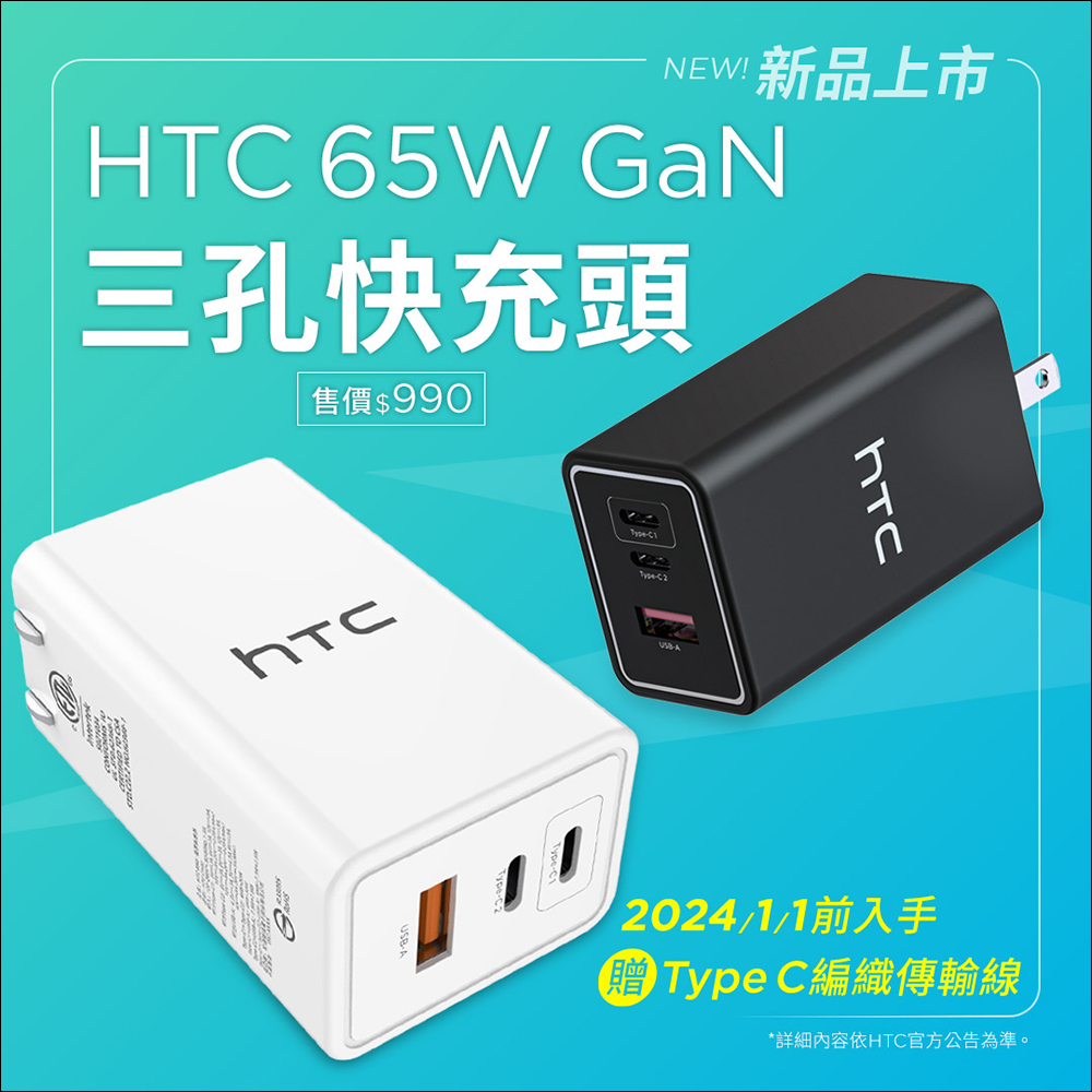 HTC 65W GaN 三孔快充頭推出，早鳥再送 Type-C 編織傳輸線 - 電腦王阿達