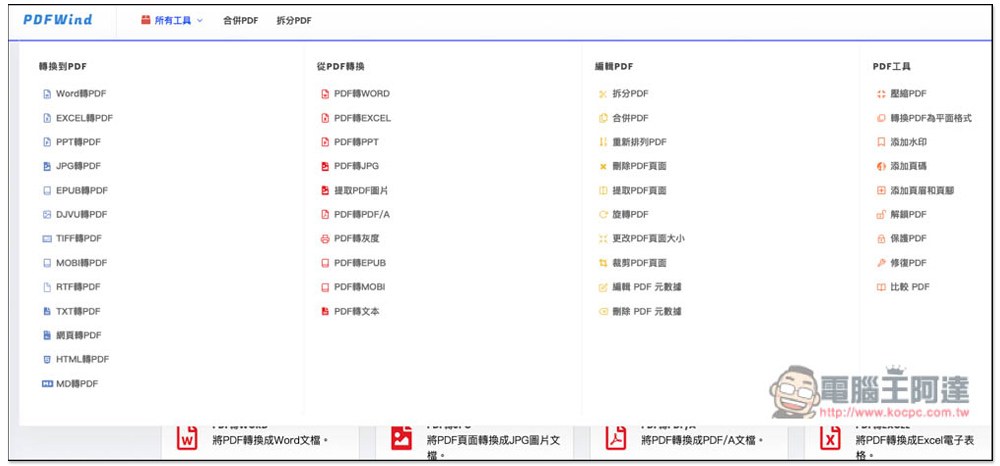 PDFWind 一站式 PDF 解決方案，轉檔、編輯、壓縮、加解密等都有，完全免費 - 電腦王阿達