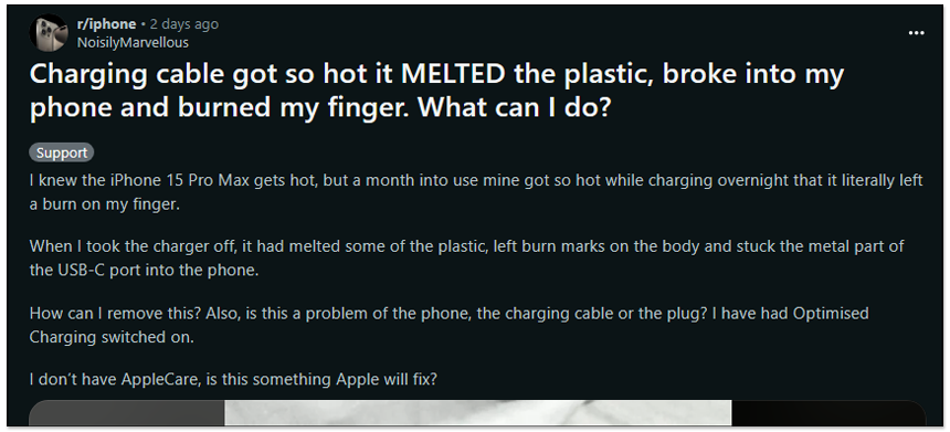 這就是為什麼你應該使用通過認證的充電線，國外網友分享 iPhone 15 Pro Max 燒毀 USB-C 線的慘痛照片 - 電腦王阿達