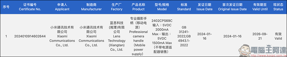 小米 Xiaomi 14 Ultra 的無線攝影手把通過認證，疑似工程機被捕獲！外觀渲染圖也提前曝光 - 電腦王阿達