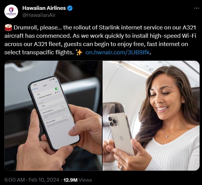 美國夏威夷航空為乘客提供 Starlink 高速 Wi-Fi 網路服務，現在搭乘指定班機就能免費使用 - 電腦王阿達