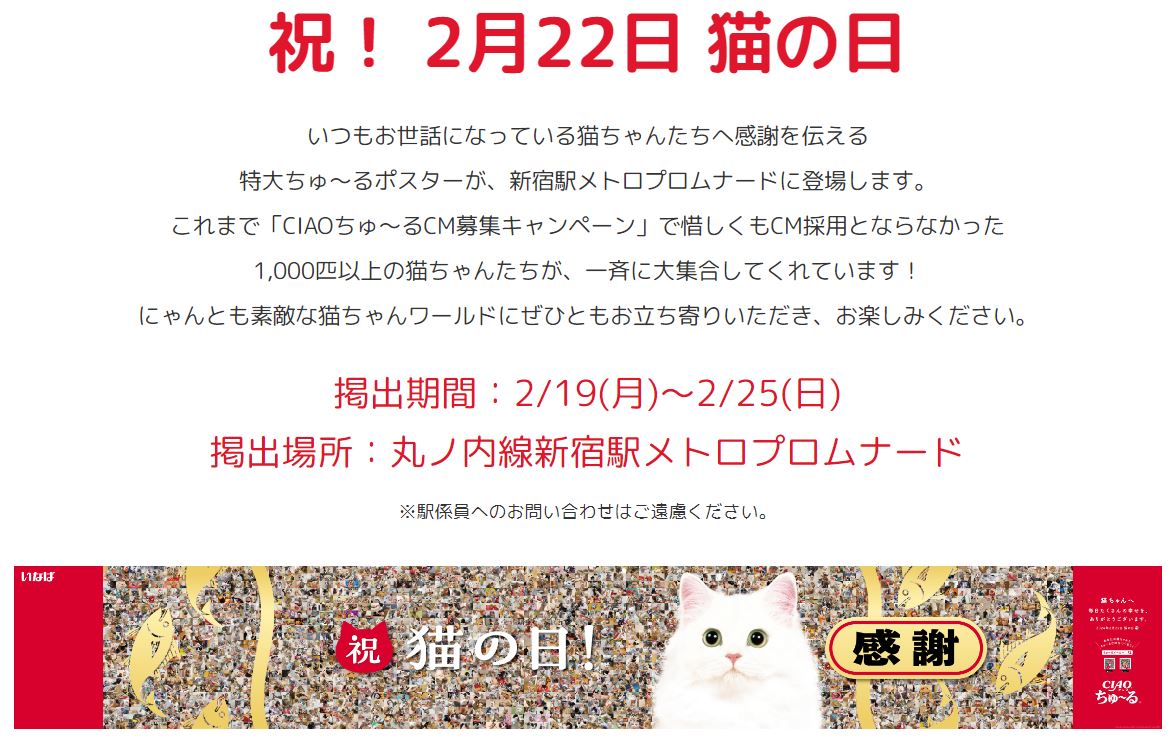 日本貓食品牌為慶祝貓之日在東京新宿站刊登超大海報，暗藏許多小巧思 - 電腦王阿達