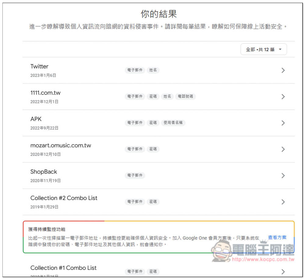 Google One 暗網報告該怎麼使用？一鍵找出你的 Google 帳號、電子郵件是否在暗網洩漏過 - 電腦王阿達