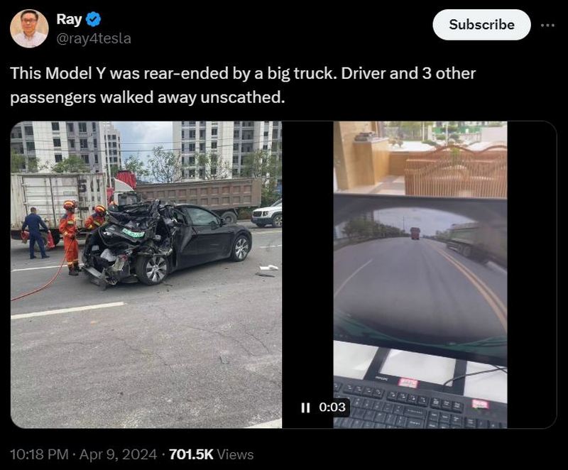 中國特斯拉 Model Y 遭聯結車從後方衝撞 車尾接近全毀但車內駕駛與乘客毫髮無傷 - 電腦王阿達