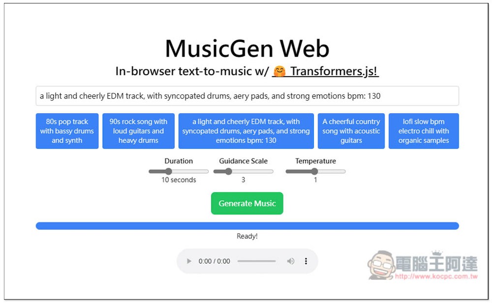 「MusicGen Web」免費線上 AI 音樂生成工具，最長可生成 30 秒 - 電腦王阿達