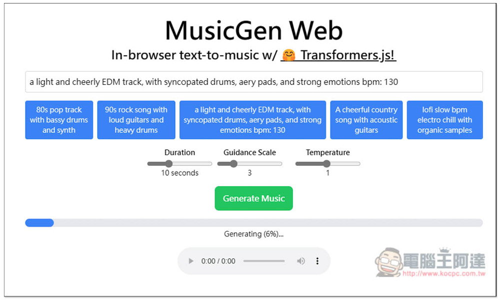 「MusicGen Web」免費線上 AI 音樂生成工具，最長可生成 30 秒 - 電腦王阿達