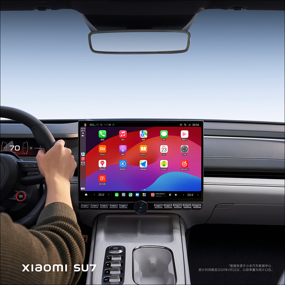 網友展示小米 Xiaomi SU7 的 16.1 吋 3K 無線 Apple CarPlay 畫面，像是超大 iPad 但整合度還有進步空間 - 電腦王阿達