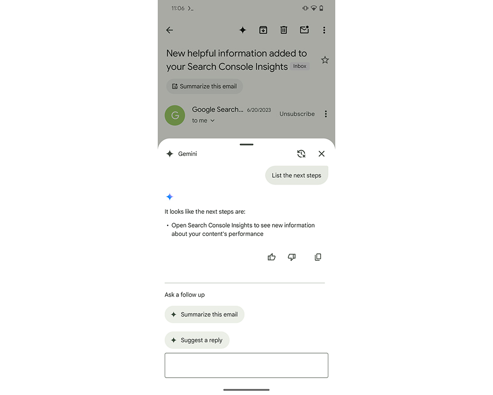 Gmail app 開始出現能幫你總結冗長信件內容的 Gemini AI 按鈕