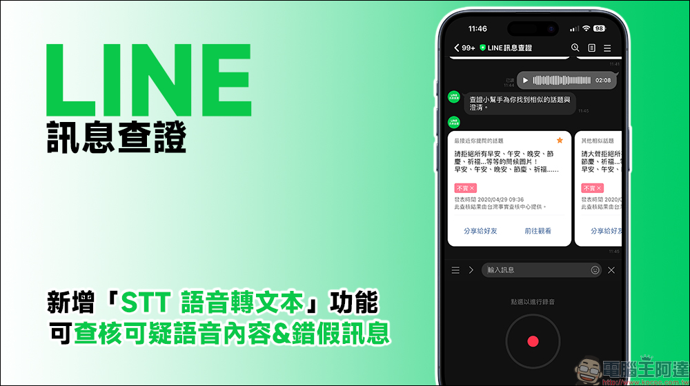 LINE 推出「STT 語音轉文本」全新功能，可查核可疑語音與錯假訊息！ - 電腦王阿達