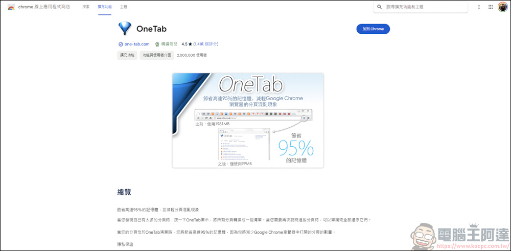 網頁插件「OneTab」，網頁倉鼠們必收的網頁插件 - 電腦王阿達