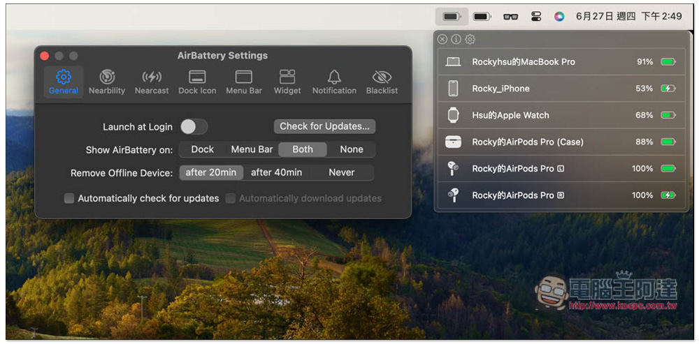 AirBattery 在 Mac 選單列中即時查看 iPhone、iPad、AirPods、Apple Watch 的電量狀況 - 電腦王阿達