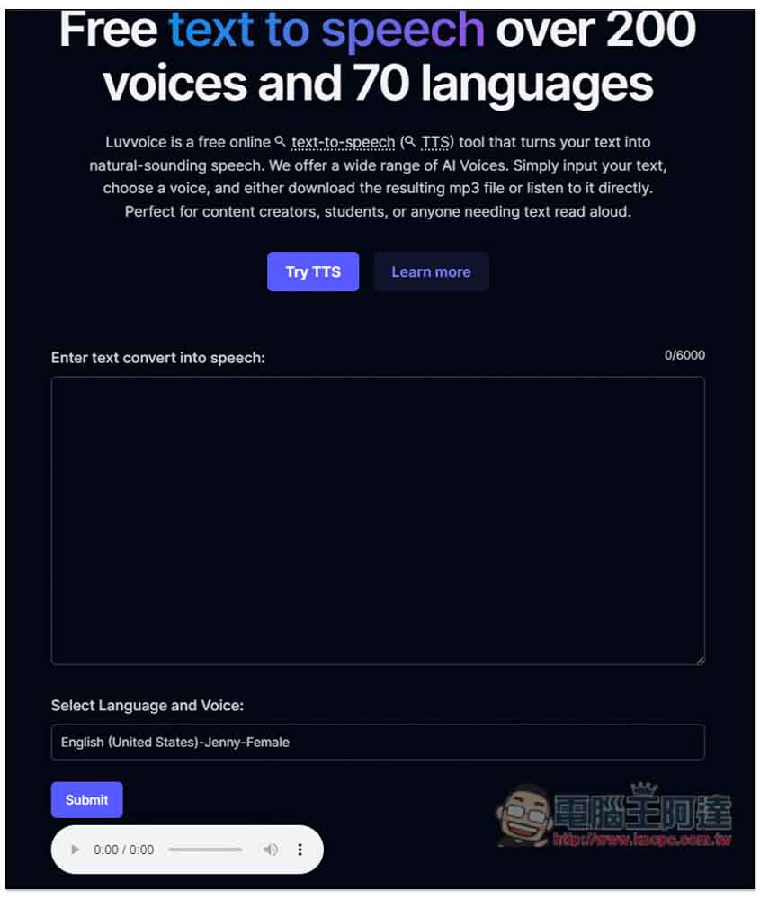 Luvvoice 線上文字轉語音免費服務，支援 70 種語言、超過 200 種聲音 - 電腦王阿達