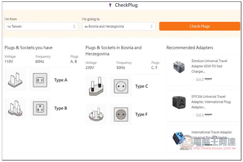 CheckPlug 快速查詢旅遊國家的插座與電壓標準、需不需要帶轉接頭 - 電腦王阿達