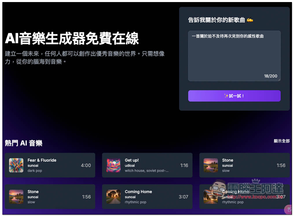 AI Music Generator 免費 AI 音樂生成工具，線上打造屬於你的 AI 音樂播放清單 - 電腦王阿達