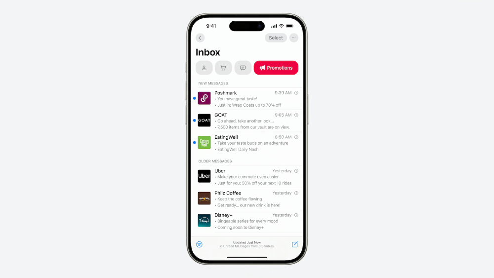 iOS 18.2 Apple Mail app 介面大改版