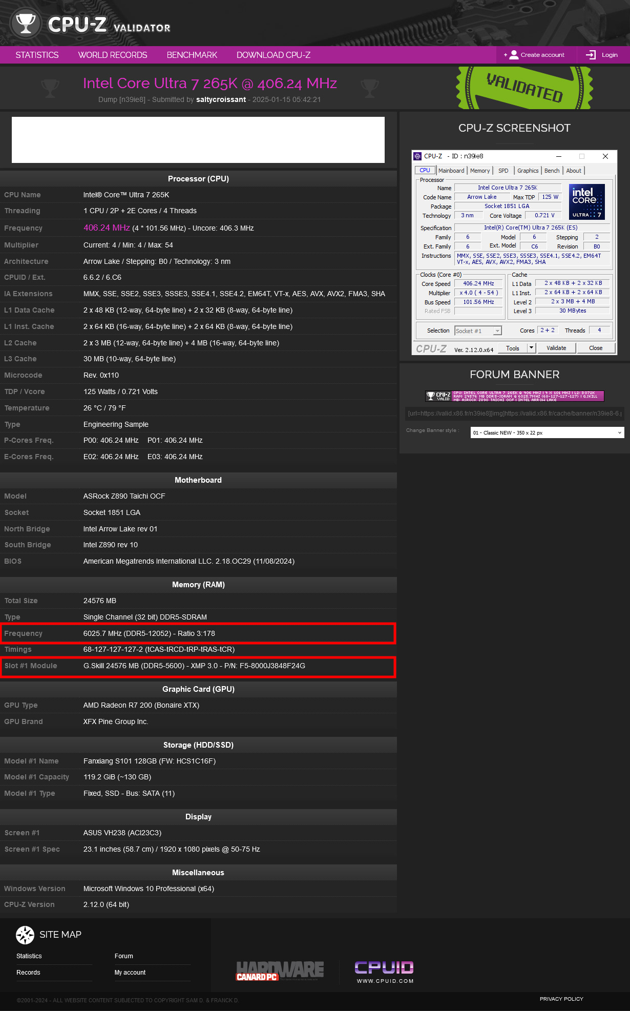 DDR5-12052 空冷成績的 CPU-Z 認證連結及截圖: